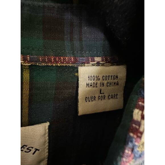 Vintage Shirt Mens Large Blue Plaid Aztec Button Elbow Patch Western Green - Picture 4 of 10